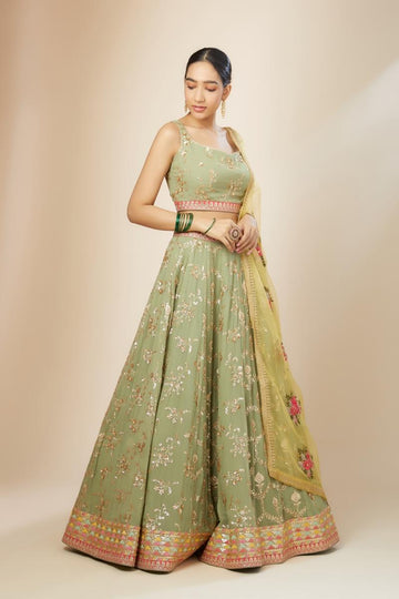 Amazing Pista green Georgette lehenga with sequin zari embroidery work